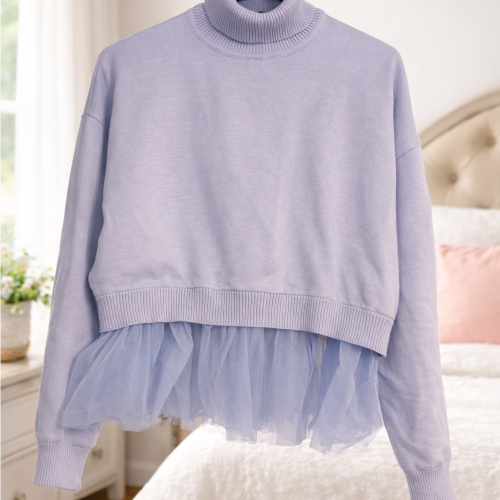 Lavender Turtleneck Sweater w/ Tulle Hem | Soft Feminine Layered Top